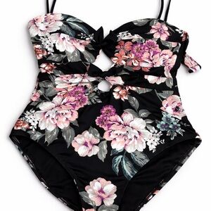 Elegant Floral Women's One Piece Swimsuit in Black and Pink